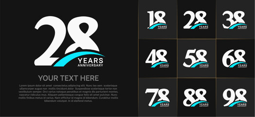 Set of Anniversary Logotype with blue swoosh, white color can be use for special day celebration