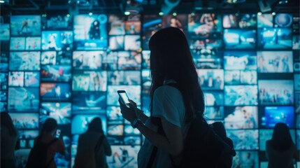 Obraz premium A person stands in front of a wall of screens, illuminated by blue light, while interacting with a smartphone against a backdrop of digital imagery.