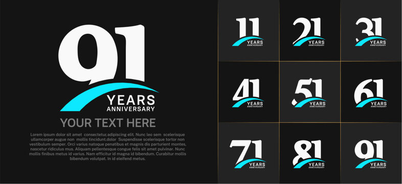 Set of Anniversary Logotype with blue swoosh, white color can be use for special day celebration