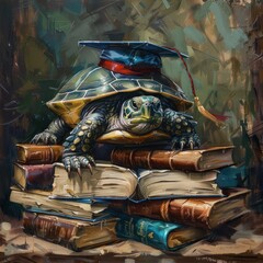 Fototapeta premium Highlight the determination of a turtle in learning, depicted by it reading on a stack of books.