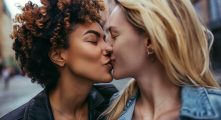 Mixed race lesbians kissing in the street - obrazy, fototapety, plakaty