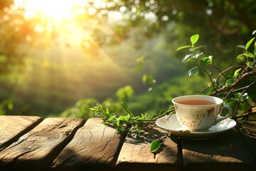 Cup of tea on wooden table in the garden with nature background.