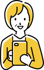 定番　伝わる 人物イラスト 笑顔でスマホ操作する　50代　ショートカットの女性　