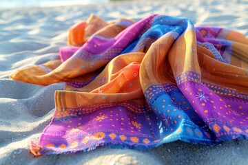 vibrant beach sarong fluttering in the sea breeze on sandy shore - obrazy, fototapety, plakaty