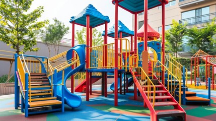 Fototapeta na wymiar Childrens Play Area With Slide and Climbing Frame