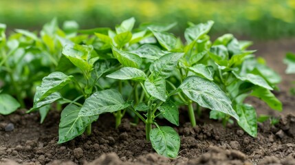 Vibrant young bell pepper plants flourishing in fertile soil, symbolizing sustainable farming and healthy eating.