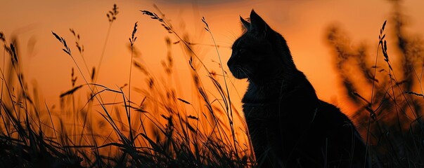 A cat is sitting in a field of tall grass at sunset. The cat is looking off to the side. The sun is setting behind the cat, casting a warm glow over the scene.