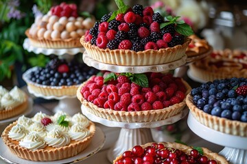Fototapeta na wymiar set of delicious dessert display featuring berry tarts and whipped cream garnishes