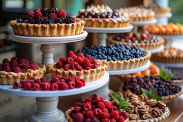 variety of berry tarts on a dessert table at a luxurious catering event - obrazy, fototapety, plakaty