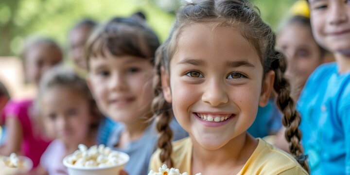 Joyful diverse group of children enjoying popcorn at sunny outdoor party, vibrant summer colors, cheerful expressions, community vibe, festive mood.