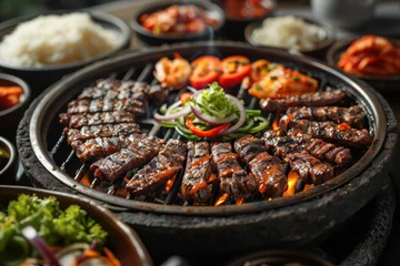Fotobehang smoky grilled meats on a korean bbq grill with side dishes and vibrant vegetables © Belho Med