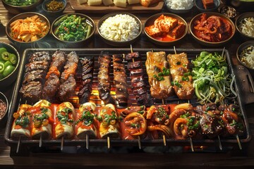authentic korean barbecue feast with marinated meats and traditional side dishes - obrazy, fototapety, plakaty