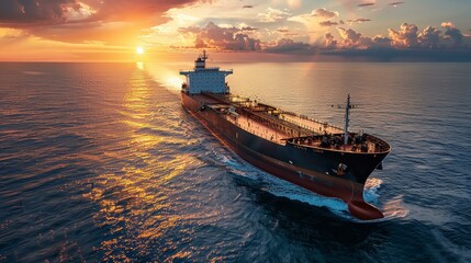 Naklejka premium Majestic cargo ship voyaging through golden sunset on tranquil ocean, symbolizing global trade, adventure, vast seas, and powerful human endeavor. Copy space.