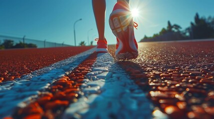 Dynamic close-up of sneakers on vibrant race track, inspiring fitness goals at sunset; suggestive of perseverance, summer sports, motivational themes. Copy space.