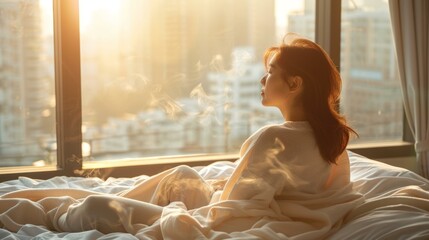 Beautiful asian woman enjoying morning light in urban apartment, warm colors evoke cozy, peaceful start to day, cityscape in background. Copy space.