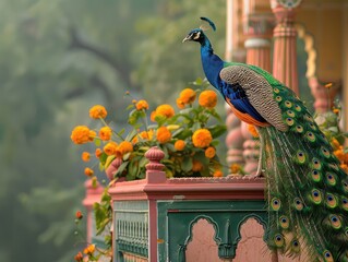 A peacock standing on a stone railing, with green foliage and orange flowers in the background. - Powered by Adobe