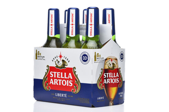 IRVINE, CALIFORNIA - 23 APR 2024:  Side Front  view of a 6 pack of Stella Artois Liberte, an Alcohol Free Beer.