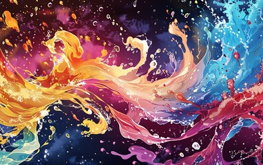 vibrant anime-style image illustration of colorful splashing water