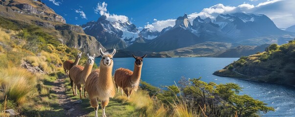 Four llamas standing in front of a lake and mountains in Torres del Paine National Park, Chile