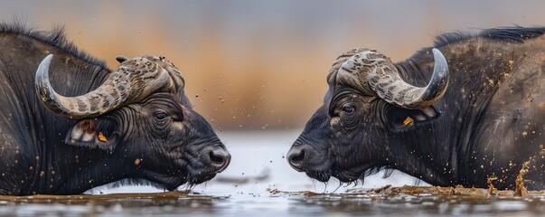 Two African buffalo bulls square off in a river