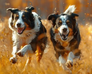 Two Border Collies are running through a field of tall grass. The dogs are black and white, and the grass is a golden brown. The sun is shining brightly, and the dogs are happy and carefree.