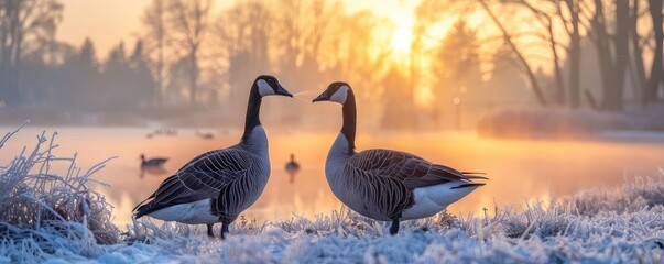 Two Canada geese standing in a snowy field at sunrise