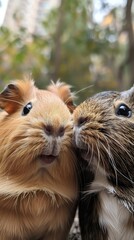 Two cute guinea pigs are sitting next to each other and looking at the camera.
