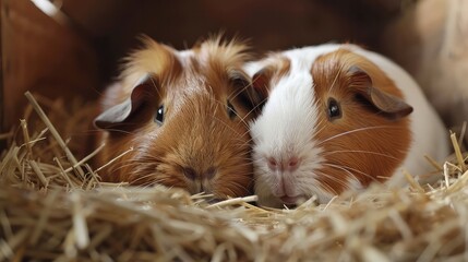 Two cute guinea pigs sitting in hay