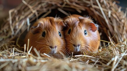 Two cute guinea pigs sitting in a pile of hay