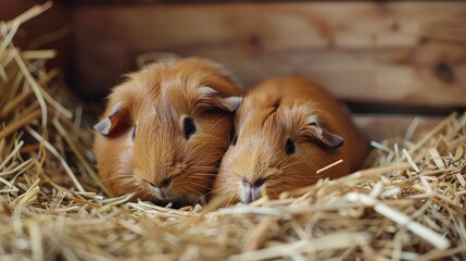 Two cute guinea pigs sitting in the hay