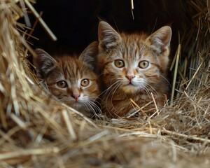 Two cute kittens peeking out of a hayloft