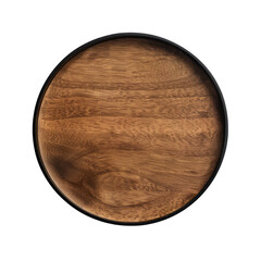 An overhead view of a circular wooden plate placed on a sleek black surface all set against a transparent background