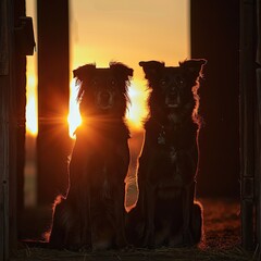 Two dogs sit in a doorway at sunset