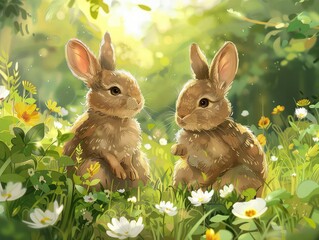 Two cute rabbits sitting in a lush green field, surrounded by colorful flowers and plants.