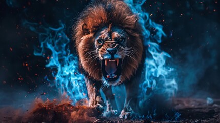 A fierce lion, in mid-roar, is surrounded by blue flames and embers, against a dark, mystical backdrop. - obrazy, fototapety, plakaty