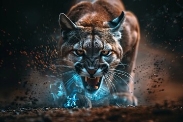 A ferocious puma with glowing blue eyes and emitting blue flames prowls aggressively, its body surrounded by flying particles in a low-lit setting.