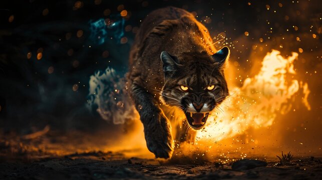 A dramatic image shows a snarling cougar surrounded by intense flames and flying embers against a dark, fiery background.