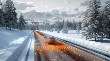 Car Driving on Snowy Road With Radar - obrazy, fototapety, plakaty