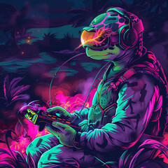 Turtle Playing VR Video Games In A Pink Neon Glow