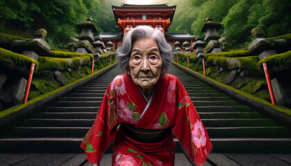 Vibrant old Japanese woman running fast in kimono.