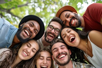 Group of friends laughing together outdoors. Group of young people having fun together.
