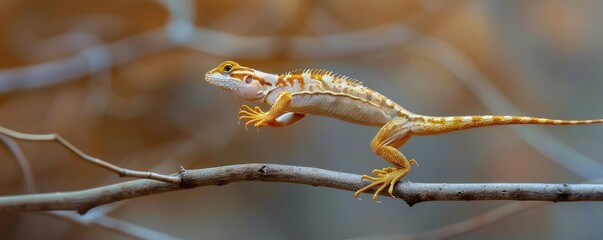 A bright orange lizard is running on a branch.