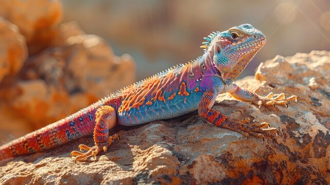 A bright and colorful lizard is sitting on a rock in the desert.
