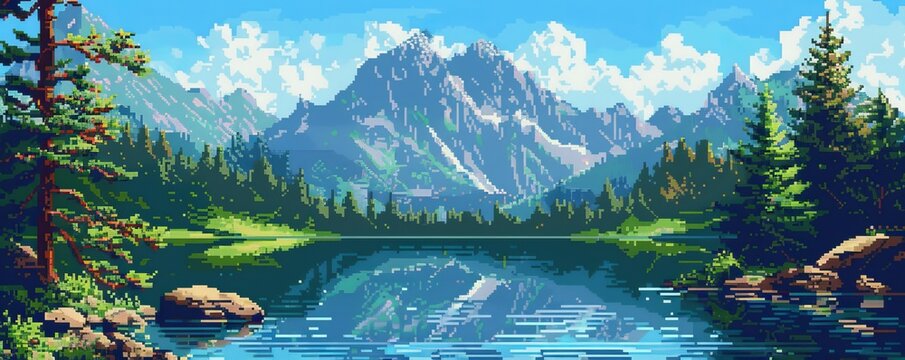 Pixel art mountain lake scenery