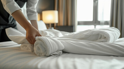 Making bed with help of housekeeping supervisor in hotel room.