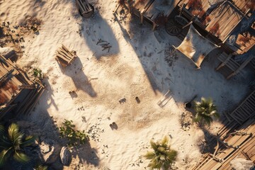 aerial view of a sandy desert terrain with some bushes and plants in a hot summer