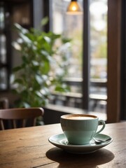Fototapeta premium Steaming cup of coffee, exuding aura of warmth, comfort, graces wooden table. Scene bathed in soft glow of pendant light, which highlights rich, creamy texture of coffee. Mint green cup, saucer.