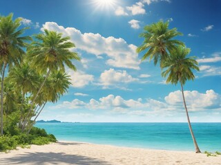 Obraz premium Serene beach landscape illuminated by bright sun shining in clear blue sky. Palm trees with lush, green leaves swaying gently, casting shadows on pristine white sands of beach.