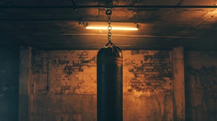 Punching bag hanging from the ceiling in a dimly lit room. generative ai