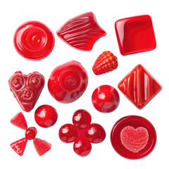 A collection of vibrant red candies stands out against a transparent background